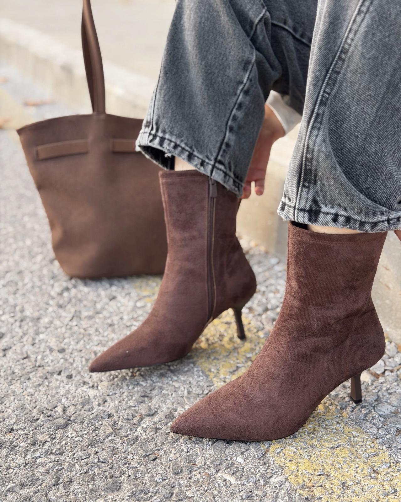 Orvex Kadın Süet İnce Topuklu Bot Kahverengi - ILOVESHOES