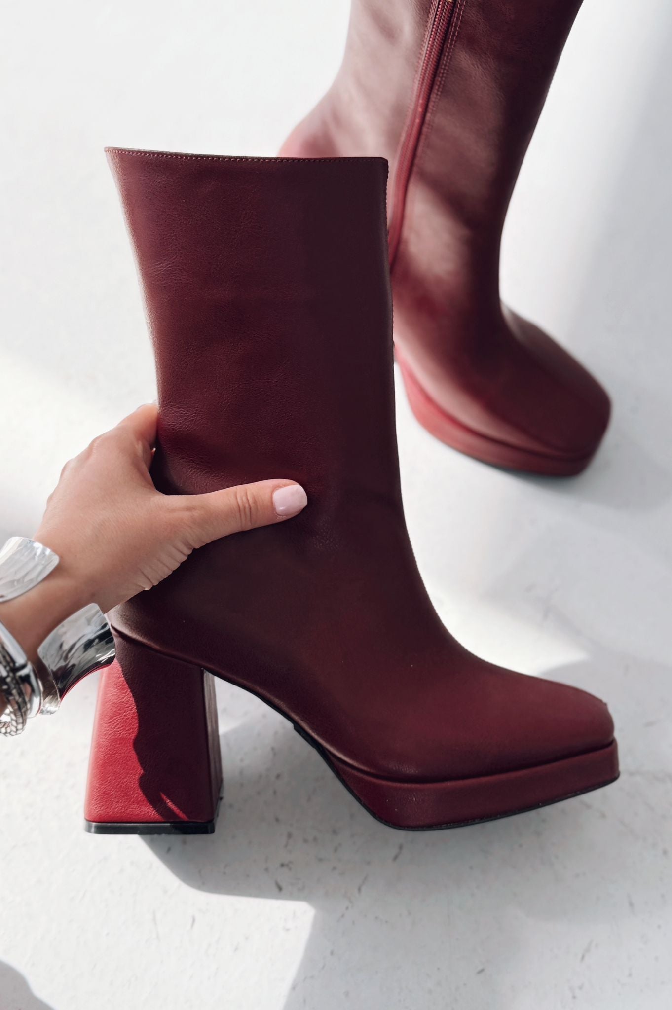 Polinca Mat Deri Platform Topuklu Bordo Kadın Bot - ILOVESHOES
