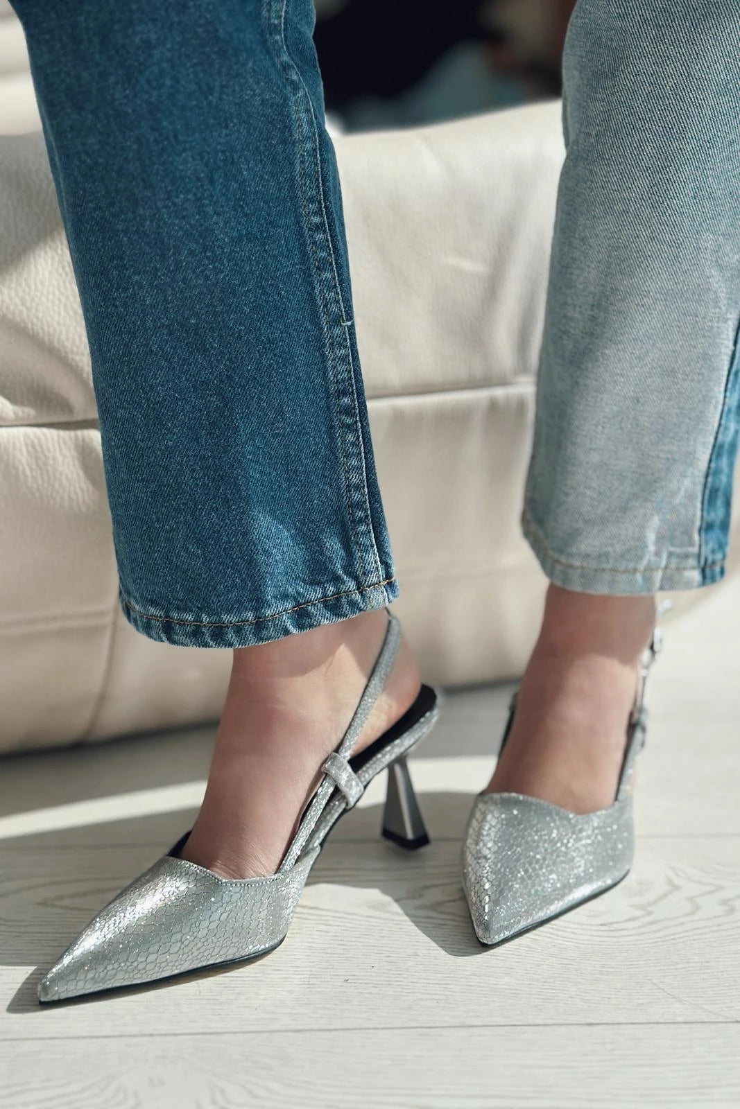Nowse Parlak Deri Desenli Stiletto Platin