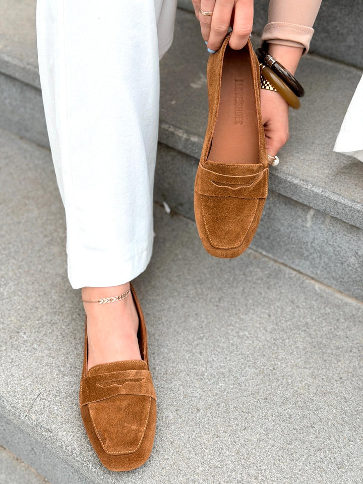 Melniel Hakiki Süet Kadın Loafer Camel - ILOVESHOES
