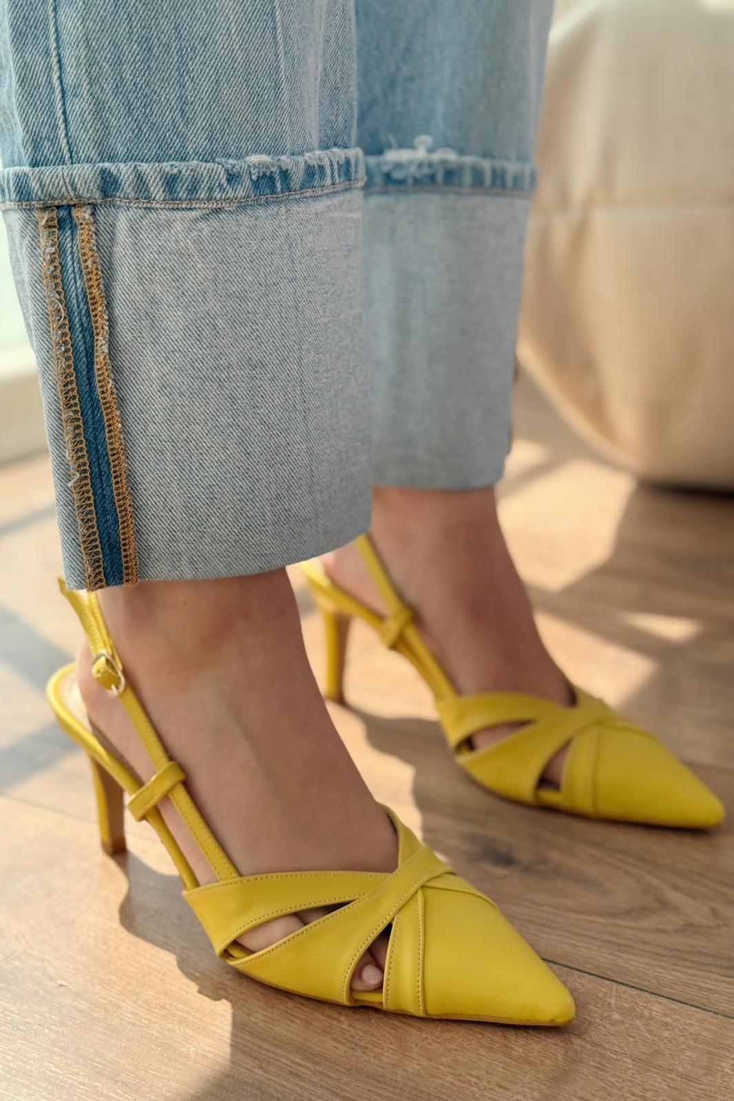 Peraps Mat Deri Yüksek Topuklu Stiletto Sarı - ILOVESHOES