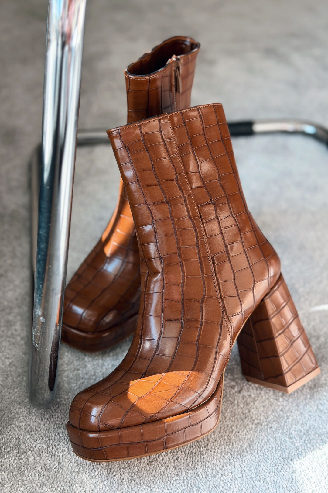 Rivoks Mat Deri Desenli Platform Topuklu Bot Taba - ILOVESHOES