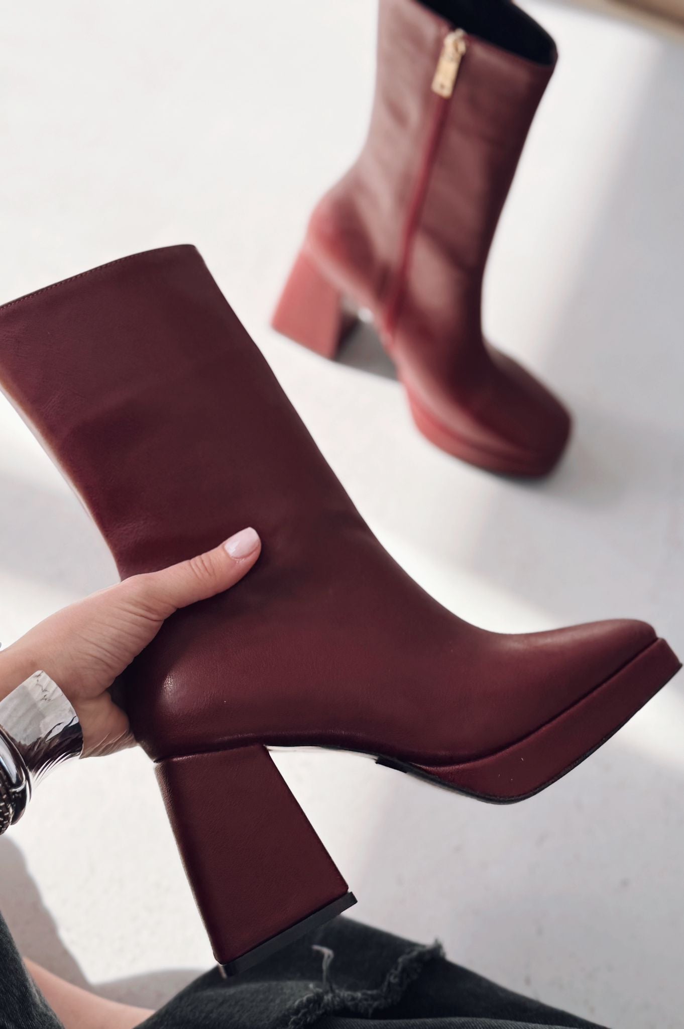 Polinca Mat Deri Platform Topuklu Bordo Kadın Bot - ILOVESHOES