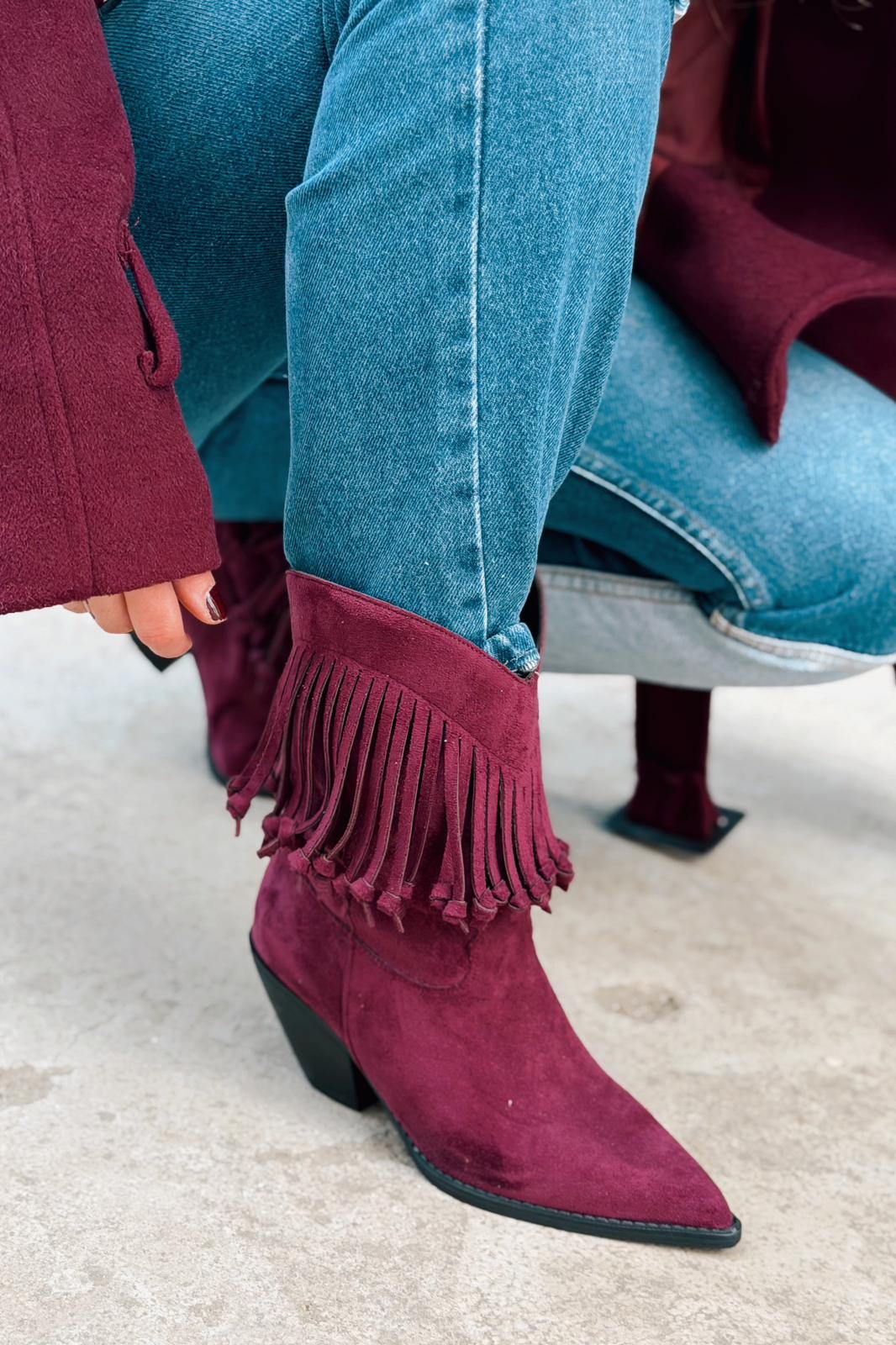 Iserne Kadın Kovboy Bot Bordo Süet Püsküllü - ILOVESHOES