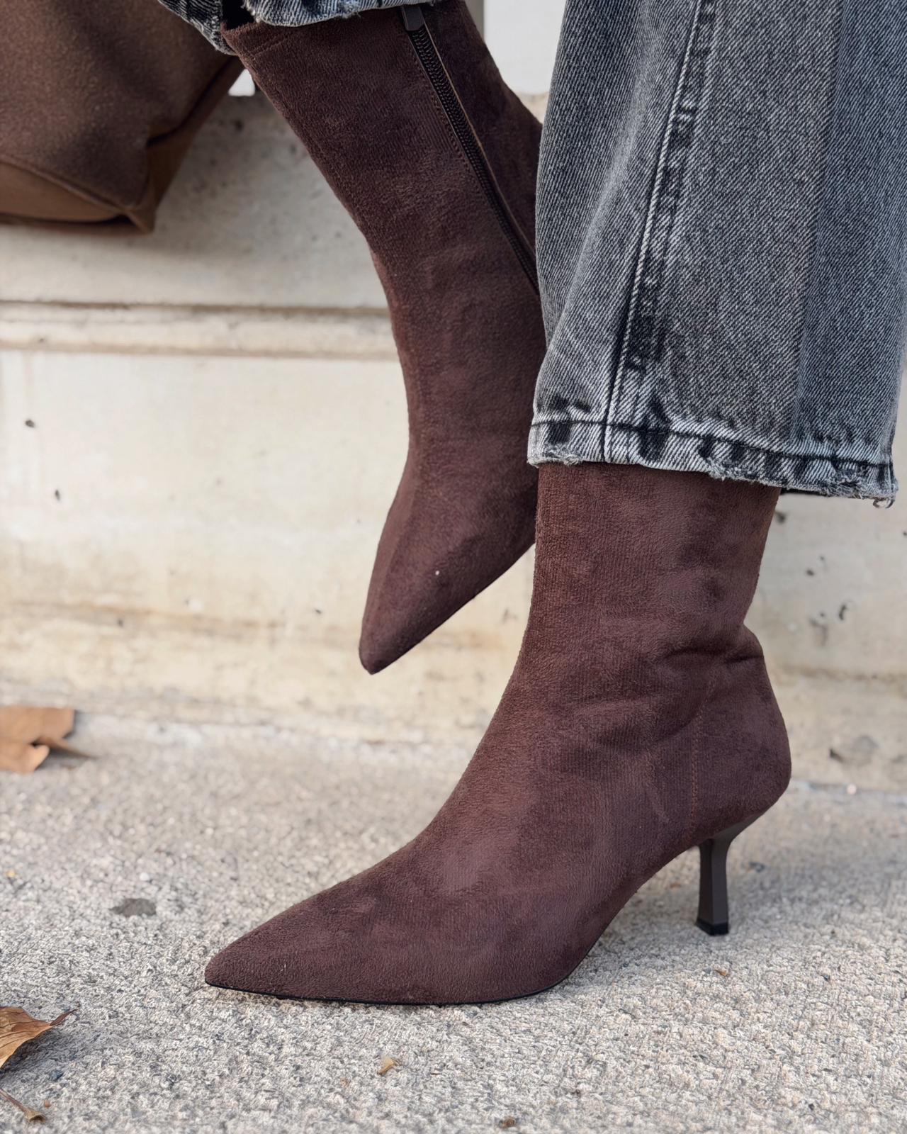 Orvex Kadın Süet İnce Topuklu Bot Kahverengi - ILOVESHOES