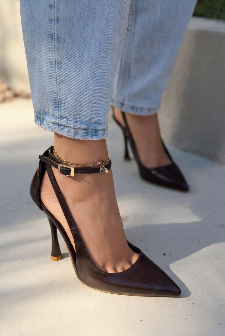 Nerole Stiletto Acıkahve Mat Deri Yüksek Topuklu - ILOVESHOES