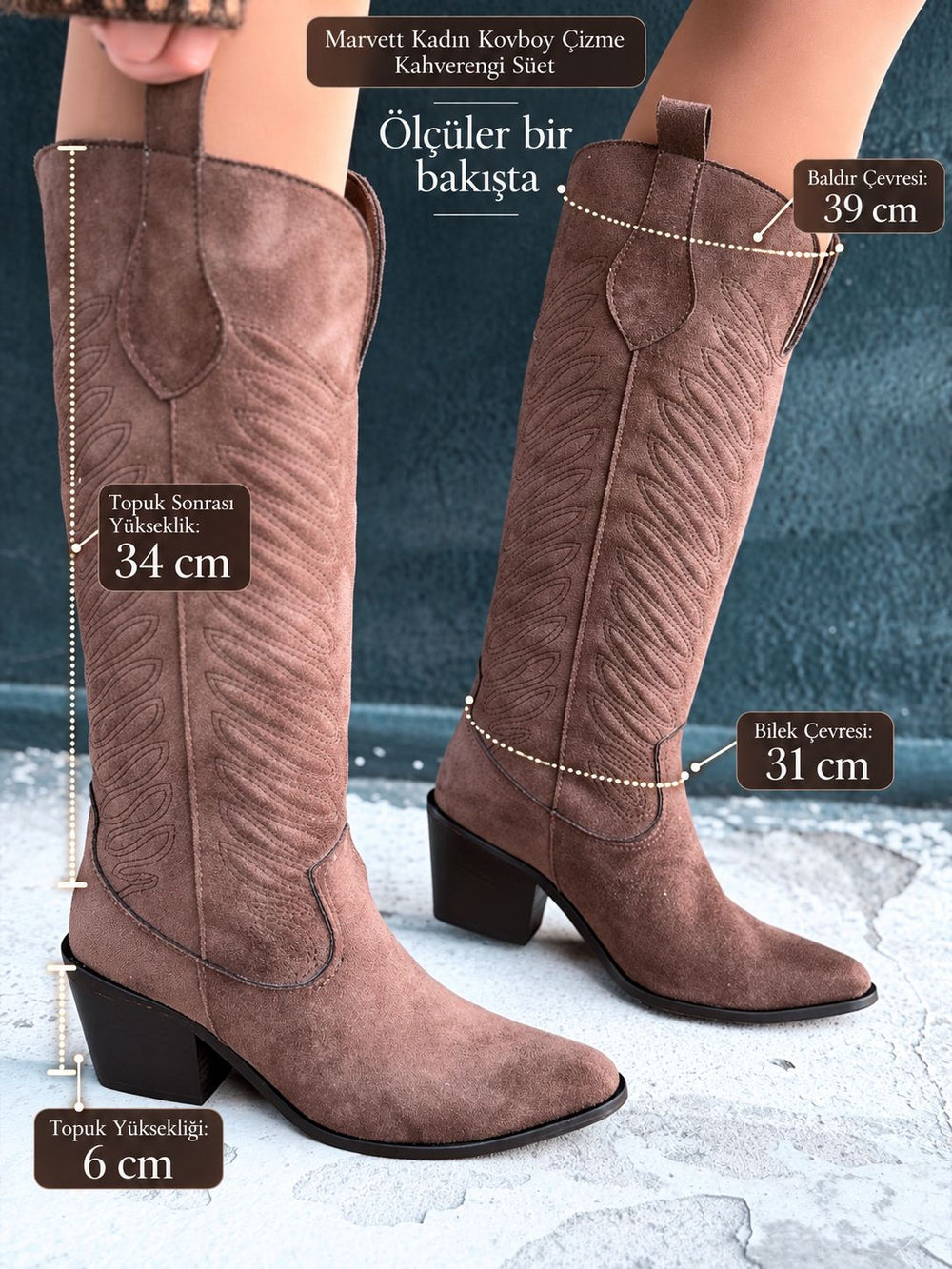 Marvett Kadın Kovboy Çizme Kahverengi Süet - ILOVESHOES