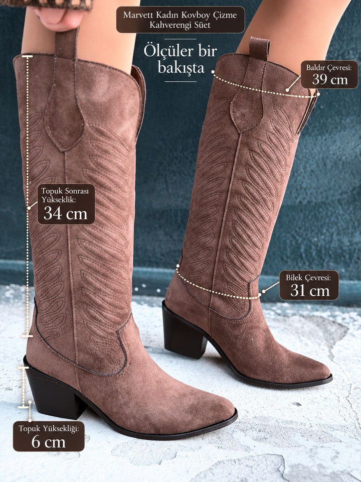 Marvett Kadın Kovboy Çizme Kahverengi Süet - ILOVESHOES