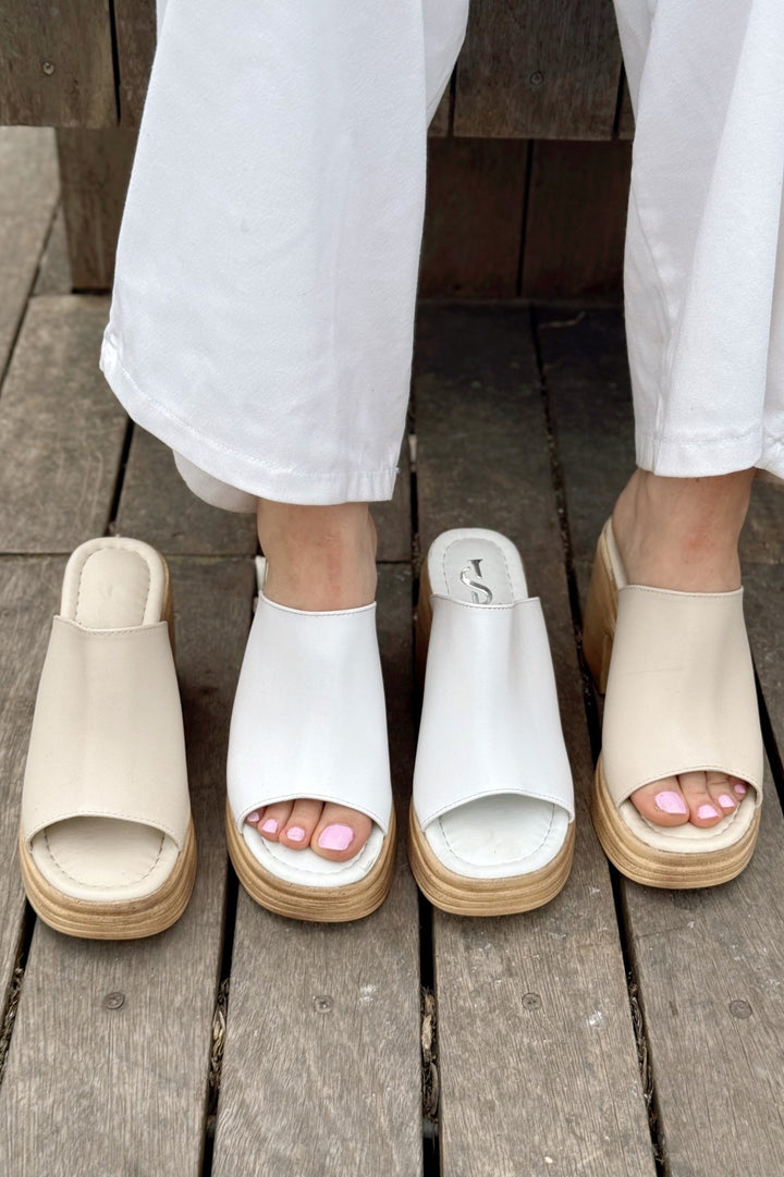 Velseya Mat Deri Kadın Topuklu Terlik Bej - ILOVESHOES Türkiye