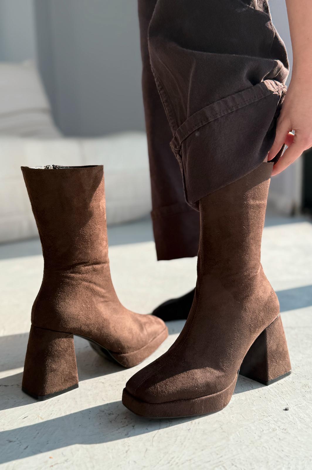 Polinca Süet Platform Topuklu Acı Kahve Kadın Bot - ILOVESHOES