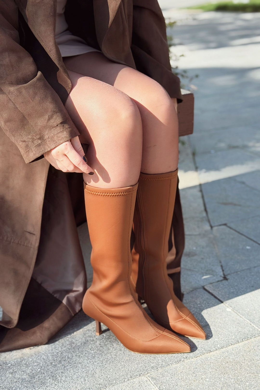 Ralve Kadın Topuklu Streç Çizme Taba Dalgıç Kumaş - ILOVESHOES