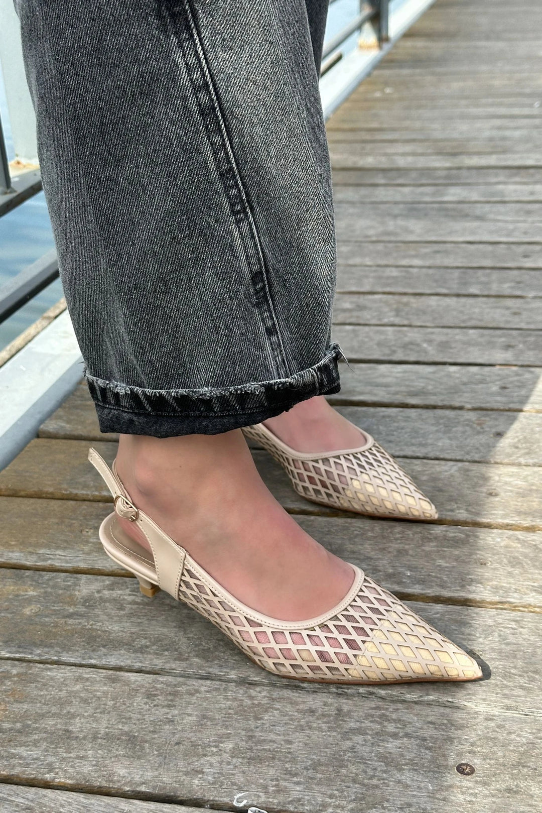 Talin Nude Matte Leather Mesh Detail Women&