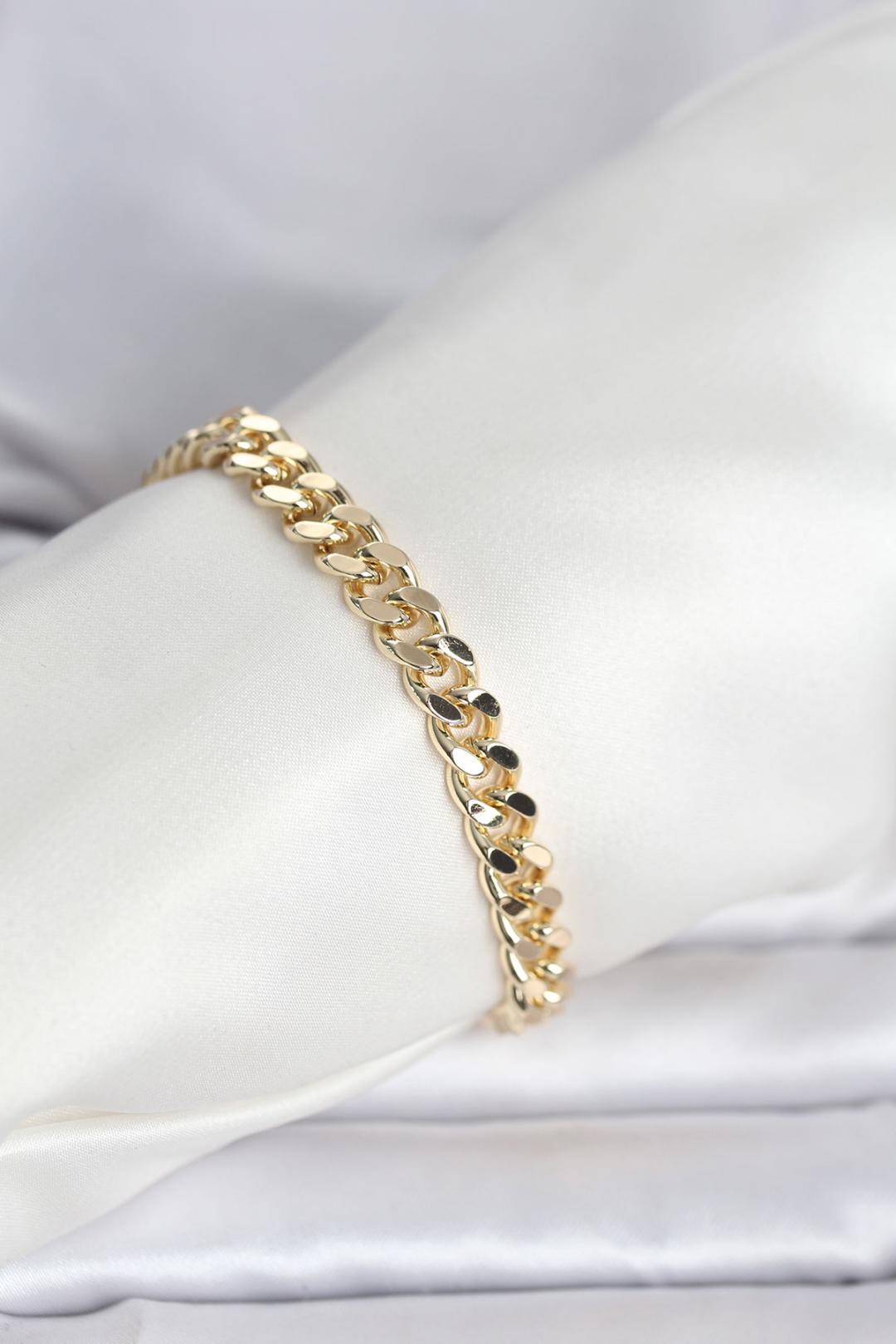 ILS - 1101 Kadın Bileklik Gold 14K Pirinç Kalın Ezme Zincir - ILOVESHOES