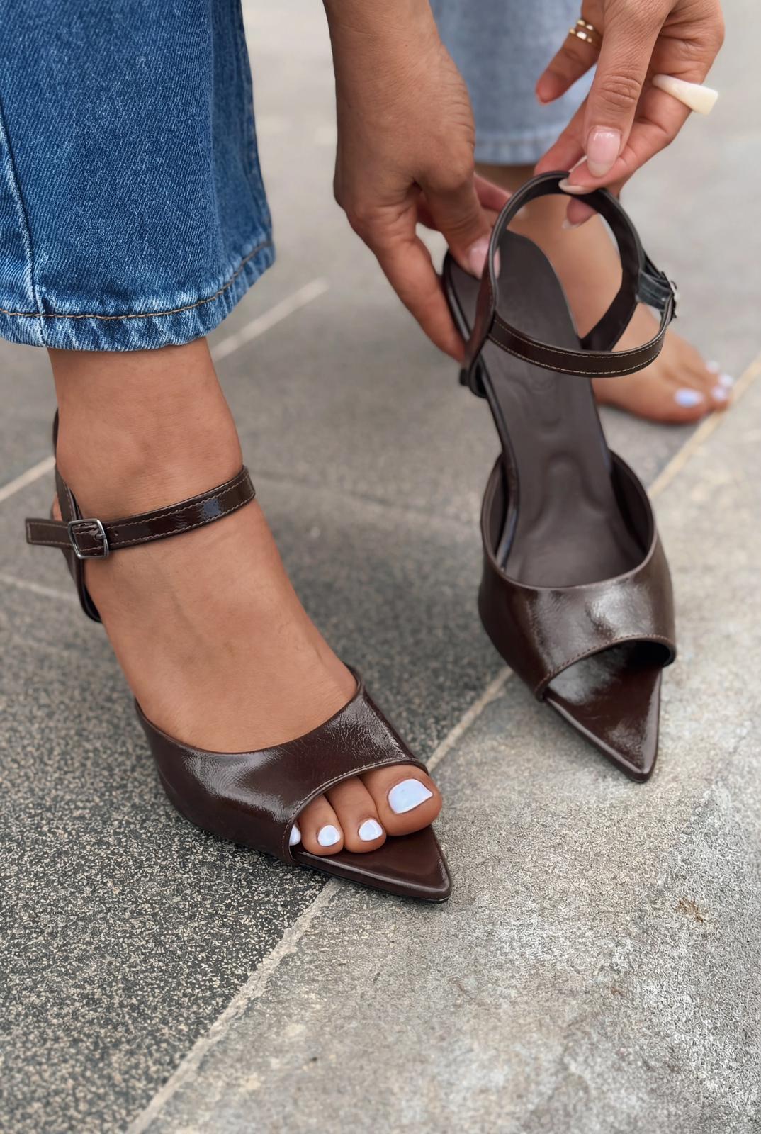 Ardor Topuklu Sandalet Acıkahve Kırışık Rugan - ILOVESHOES