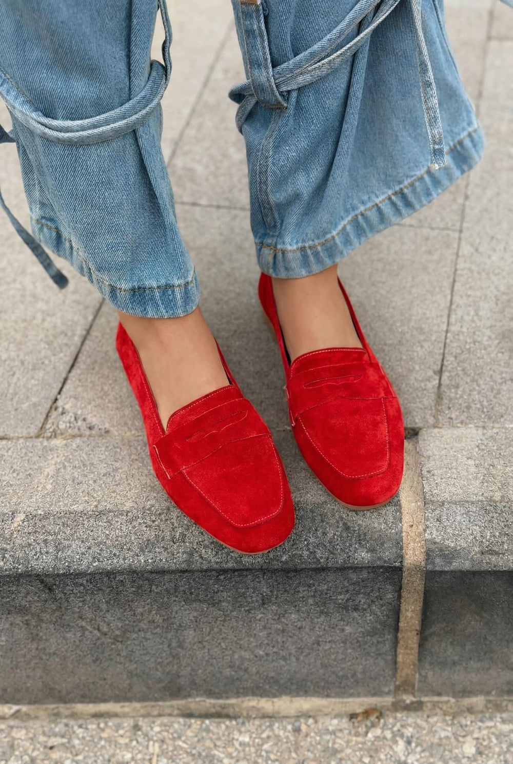 Melniel Hakiki Süet Kadın Loafer Kırmızı - ILOVESHOES