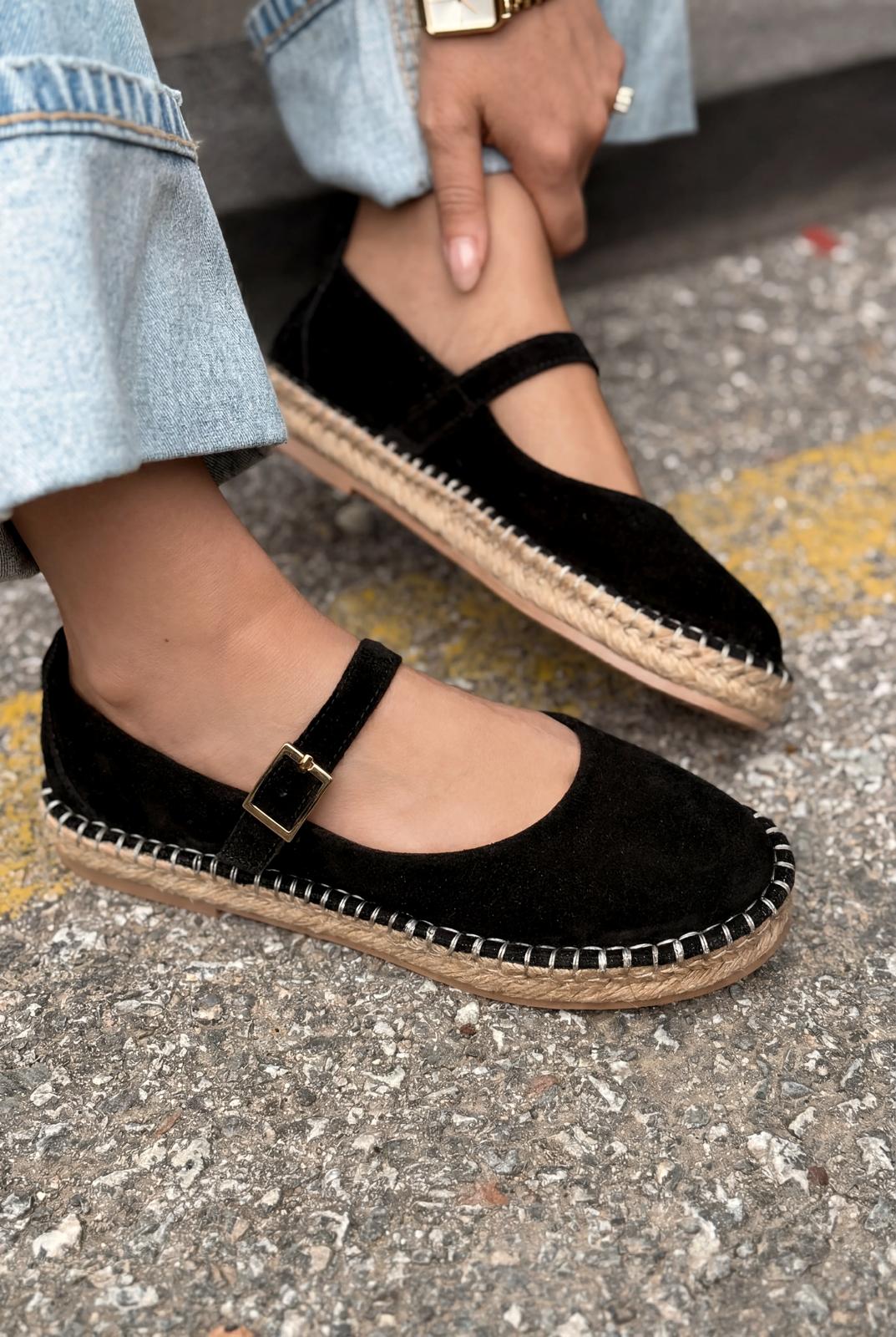 Marena Siyah Hakiki Süet Kadın Espadril - ILOVESHOES