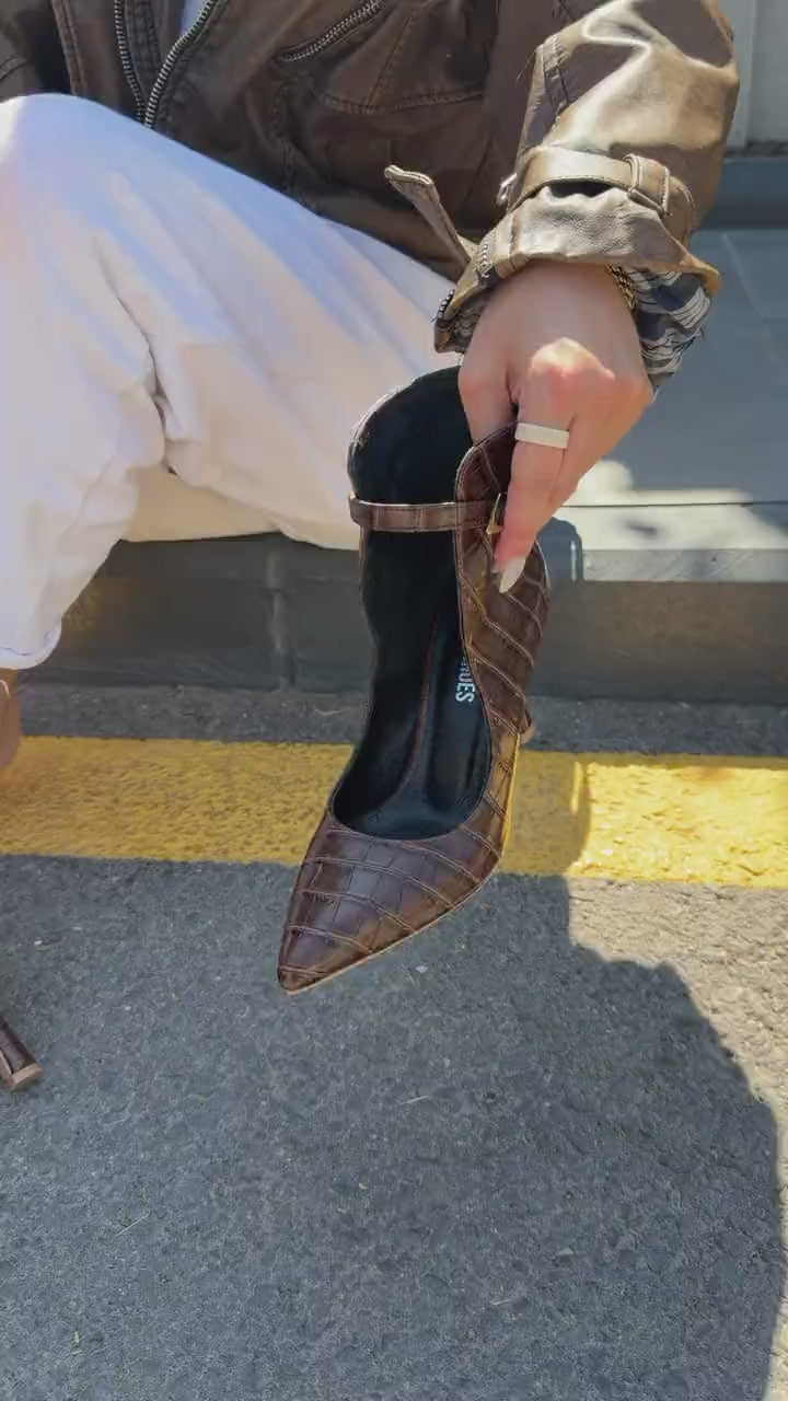 Vion Acı kahve Kroko Hakiki Deri Kadın Topuklu Ayakkabı