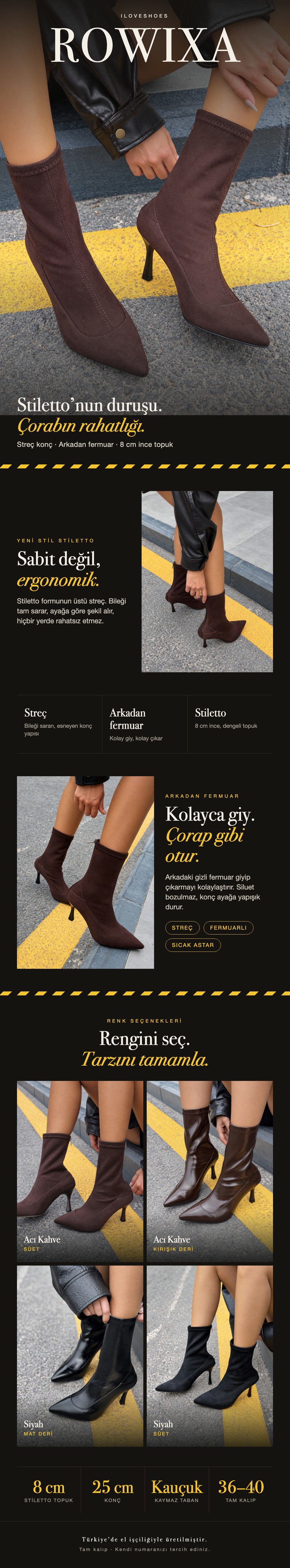 ILOVESHOES — Her adımda yanındayız. Hızlı kargo: Beden seçiminde hızlı kargo uyarısı gördüğün ürünler aynı gün kargoda. Yeniden üretiyoruz: Yoğun talep gören ürünleri üretim gücümüzle yeniden hazırlıyoruz. 22 ülkeye ulaşıyoruz: Ürünlerimizi dünyanın 22 ülkesine gönderiyoruz.