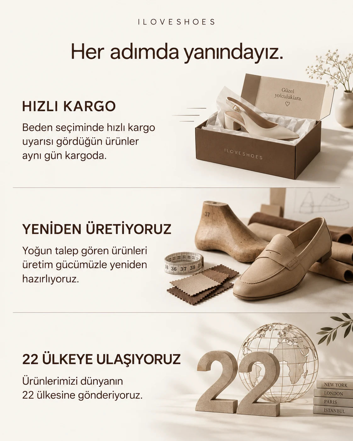ILOVESHOES — Her adımda yanındayız. Hızlı kargo: Beden seçiminde hızlı kargo uyarısı gördüğün ürünler aynı gün kargoda. Yeniden üretiyoruz: Yoğun talep gören ürünleri üretim gücümüzle yeniden hazırlıyoruz. 22 ülkeye ulaşıyoruz: Ürünlerimizi dünyanın 22 ülkesine gönderiyoruz.